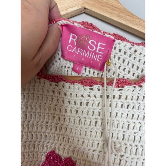 NWT Rose Carmine Sweater Bloom Scalloped Crochet Embroidered Top Cream Size: M - Picture 6 of 8